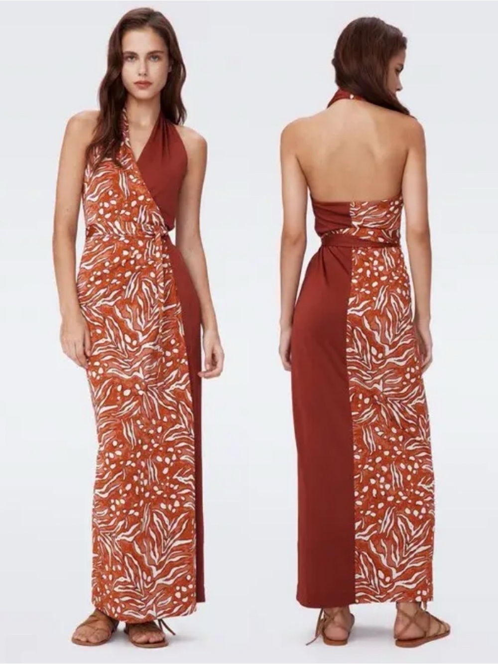 DVF DIANE VON FURSTENBERG chase dress in caramel/chestnut wrap maxi halter 2